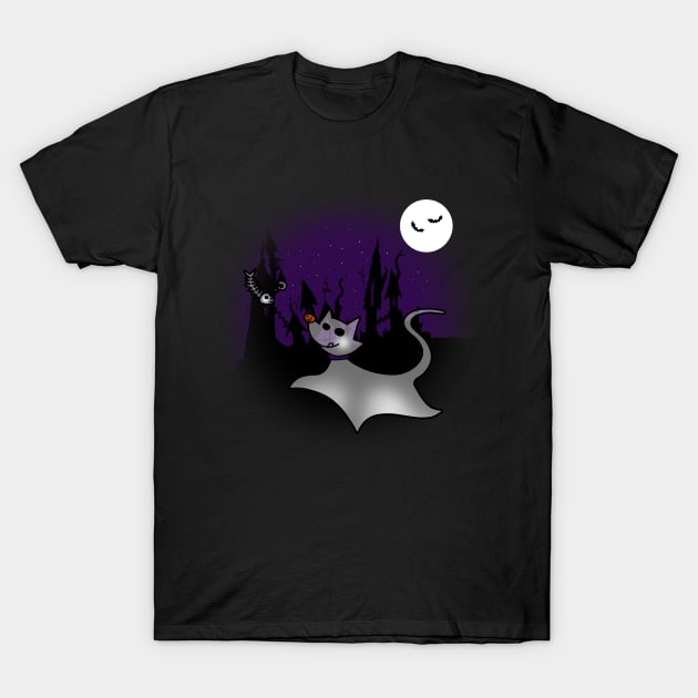 Cute Ghost Cat Halloween Spooky Cartoon T-Shirt by BoggsNicolas